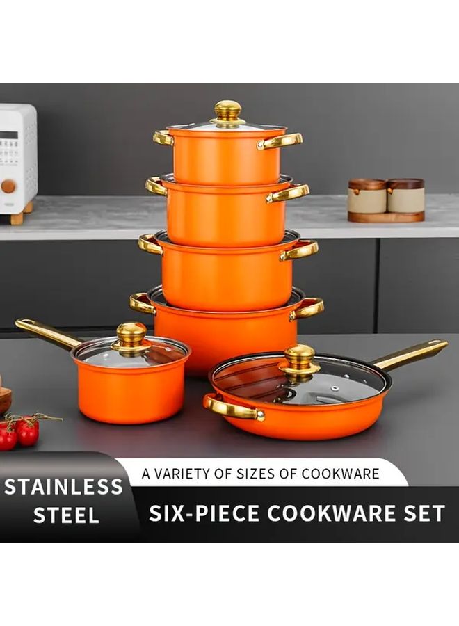 6 Piece Orange Non Stick Cookware Set Stainless Steel Pots And Pans With Lids Saucepan Frying Pan Soup Pot Boiling Pot For All Stoves Durable Easy Clean For Professional Use - Image 1