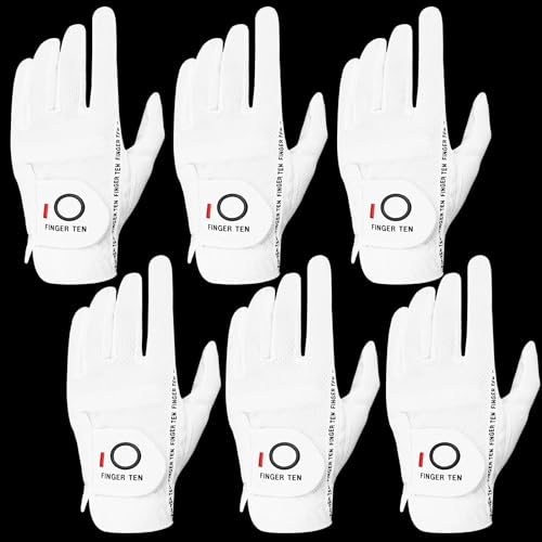 FINGER TEN Golf Gloves Men Right Left Handed Golfer Mens Glove RainGrip Hot Wet Weather Value 6 Pack, All Weather in White Medium (White, Medium, Left) - Image 1