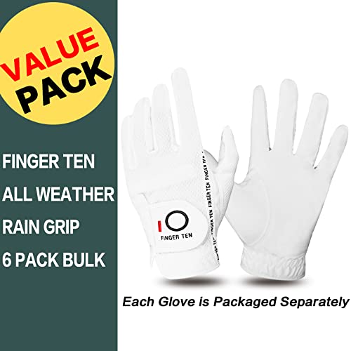 FINGER TEN Golf Gloves Men Right Left Handed Golfer Mens Glove RainGrip Hot Wet Weather Value 6 Pack, All Weather in White Medium (White, Medium, Left) - Image 2