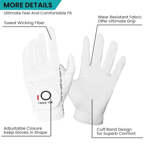 FINGER TEN Golf Gloves Men Right Left Handed Golfer Mens Glove RainGrip Hot Wet Weather Value 6 Pack, All Weather in White Medium (White, Medium, Left) - Image 3