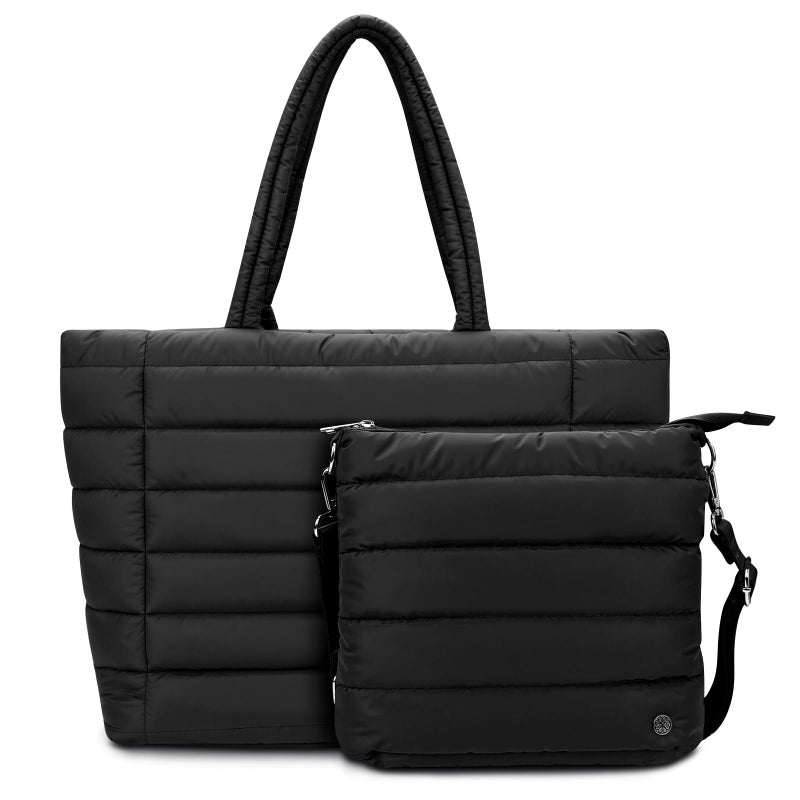 TEKGERLU [2-in-1 Set with FREE Crossbody] Puffy Tote Bag for Women, Large Quilted Shoulder Bag with Wide 3.9CM Adjustable Strap, Lightweight Casual Purse for Shopping, Weekend, Travel(black) - Image 1