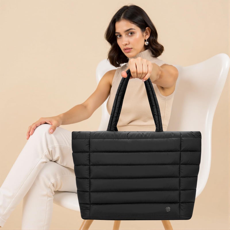 TEKGERLU [2-in-1 Set with FREE Crossbody] Puffy Tote Bag for Women, Large Quilted Shoulder Bag with Wide 3.9CM Adjustable Strap, Lightweight Casual Purse for Shopping, Weekend, Travel(black) - Image 4