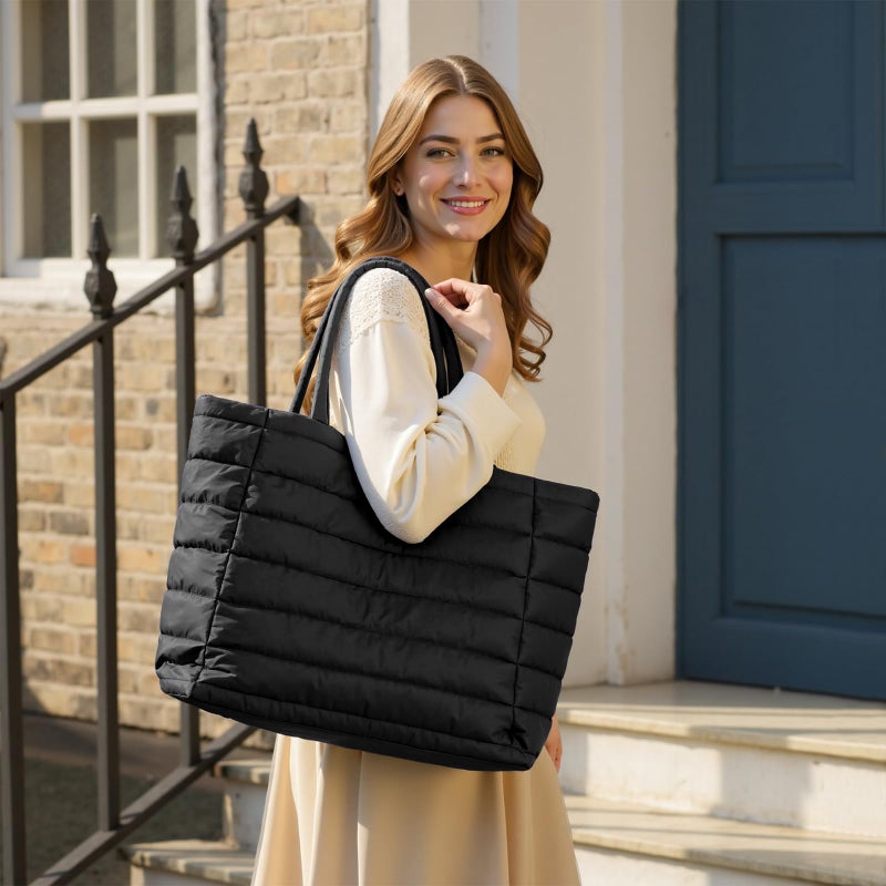 TEKGERLU [2-in-1 Set with FREE Crossbody] Puffy Tote Bag for Women, Large Quilted Shoulder Bag with Wide 3.9CM Adjustable Strap, Lightweight Casual Purse for Shopping, Weekend, Travel(black) - Image 3