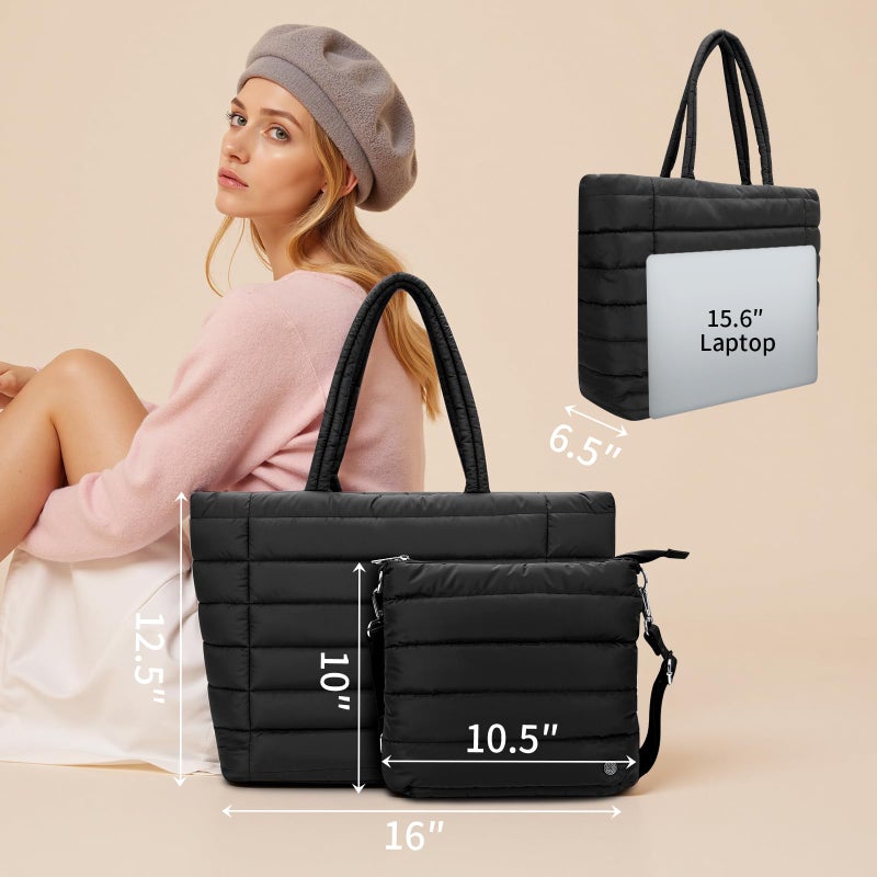 TEKGERLU [2-in-1 Set with FREE Crossbody] Puffy Tote Bag for Women, Large Quilted Shoulder Bag with Wide 3.9CM Adjustable Strap, Lightweight Casual Purse for Shopping, Weekend, Travel(black) - Image 2