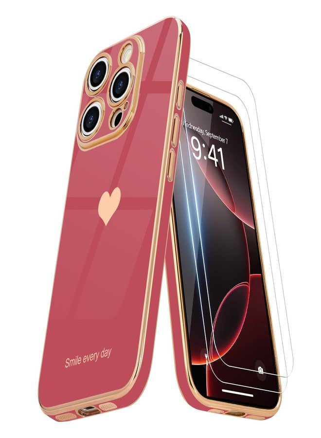 Teageo جراب Teageo لهاتف iPhone 16 Pro Max مع واقيين للشاشة بنقشة قلب للنساء والفتيات، مطلي بطبقة لامعة فاخرة، مصنوع من مادة TPU الناعمة المقاومة للخدوش والصدمات، جراب هاتف لهاتف iPhone 16 Pro Max، لون وردي فاتح - Image 1