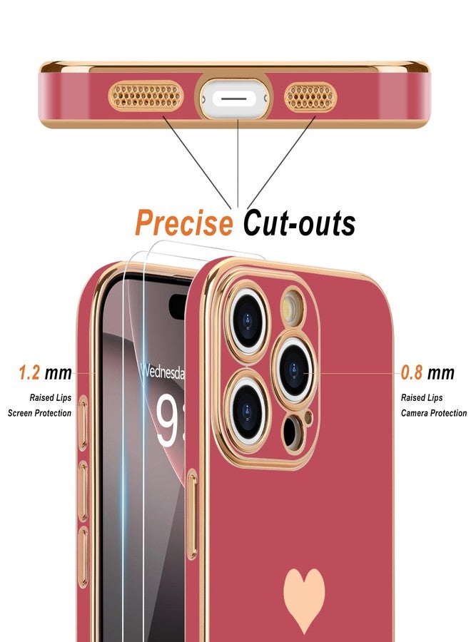 Teageo جراب Teageo لهاتف iPhone 16 Pro Max مع واقيين للشاشة بنقشة قلب للنساء والفتيات، مطلي بطبقة لامعة فاخرة، مصنوع من مادة TPU الناعمة المقاومة للخدوش والصدمات، جراب هاتف لهاتف iPhone 16 Pro Max، لون وردي فاتح - Image 2