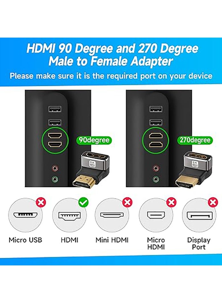 8K HDMI 2.1 Adapter 90 Degree and 270 Degree Gold Plated Adapter 2 Pack, Right Angle HDMI Male to Female Connector Converter HDMI L Shape Extender, Supports 8K@60Hz，4K@120Hz，4K@60Hz，4K@30Hz - Image 2
