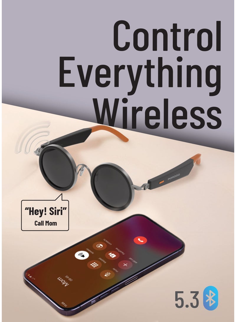 porodo Lifestyle VELORA Smart Sunglasses with UV400 protection Lenses and Open Ear Design / Smart Glasses with Bluetooth Speaker / Dual Stereo Speaker / Sunglasses for Athletic, Outdoor, Sports- Orange/Black - Image 2