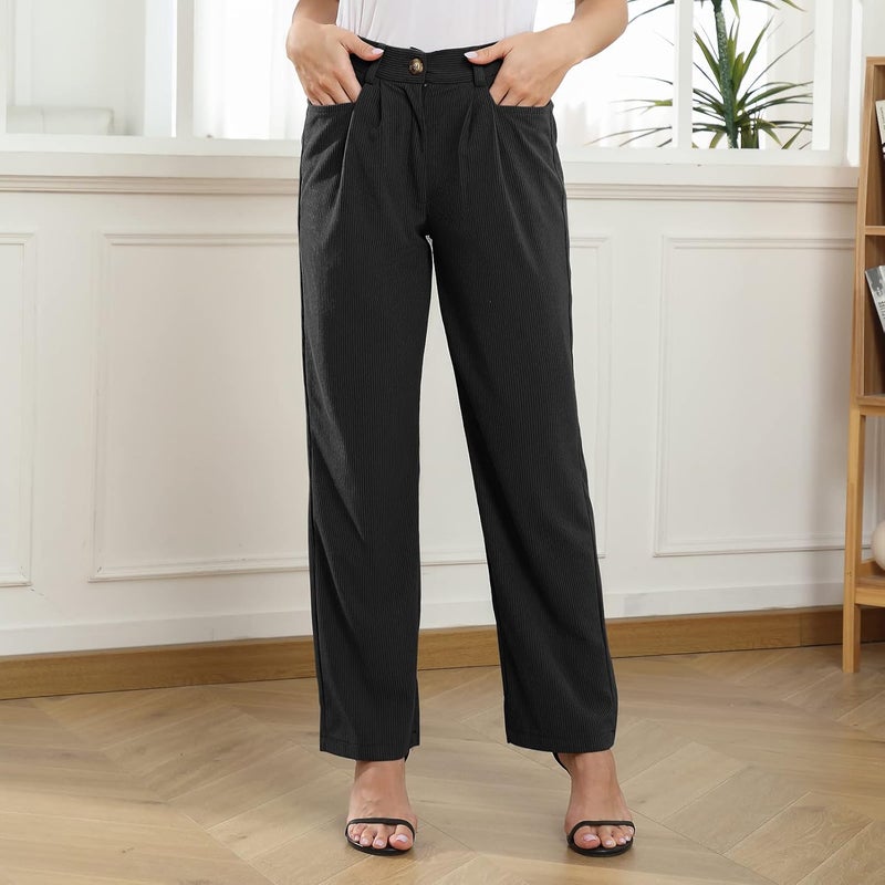 klarako Womens Casual High Waisted Corduroy Straight Leg Pants Loose Comfy Trousers with Pockets(Black,X-Large) - Image 1
