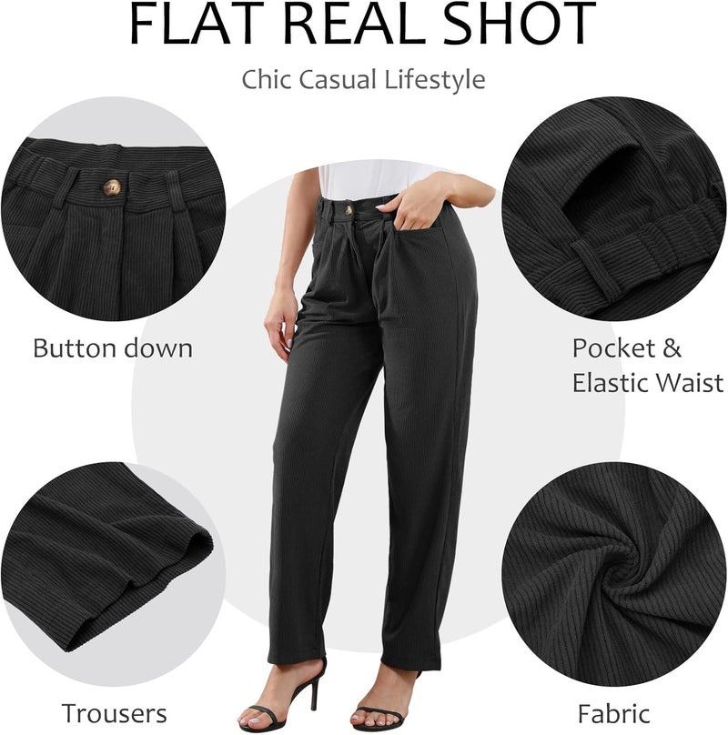 klarako Womens Casual High Waisted Corduroy Straight Leg Pants Loose Comfy Trousers with Pockets(Black,X-Large) - Image 4