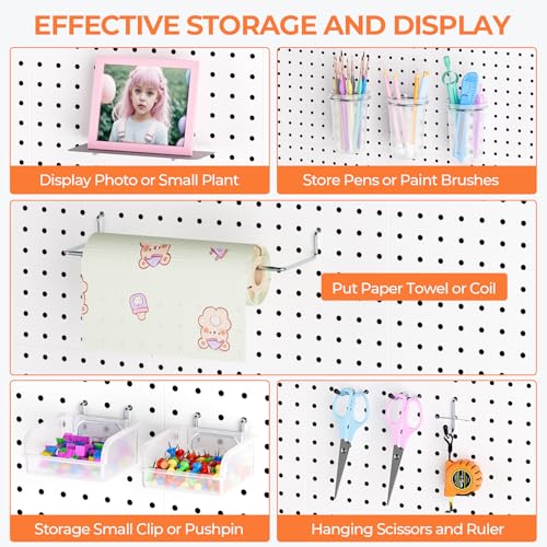 INCLY 70PCS Metal Peg Board Kit with 1/4" Pegboard Accessories, 4 Pack White Pegboard Panels, Bins, Cups and Peg Board Hooks, Paper Towel Holder, Pegboard Wall Organizer for Craft Room, Office, Sewing - Image 5