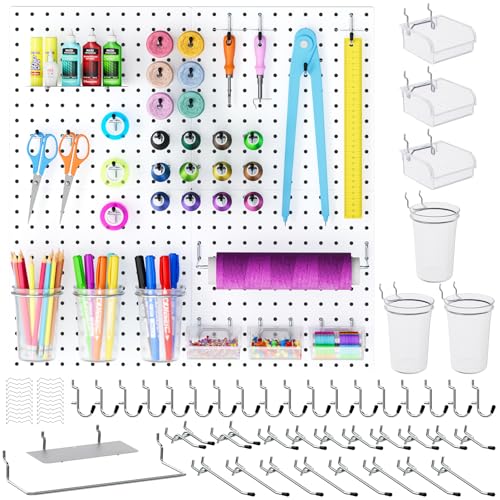INCLY 70PCS Metal Peg Board Kit with 1/4" Pegboard Accessories, 4 Pack White Pegboard Panels, Bins, Cups and Peg Board Hooks, Paper Towel Holder, Pegboard Wall Organizer for Craft Room, Office, Sewing - Image 1