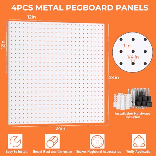INCLY 70PCS Metal Peg Board Kit with 1/4" Pegboard Accessories, 4 Pack White Pegboard Panels, Bins, Cups and Peg Board Hooks, Paper Towel Holder, Pegboard Wall Organizer for Craft Room, Office, Sewing - Image 2
