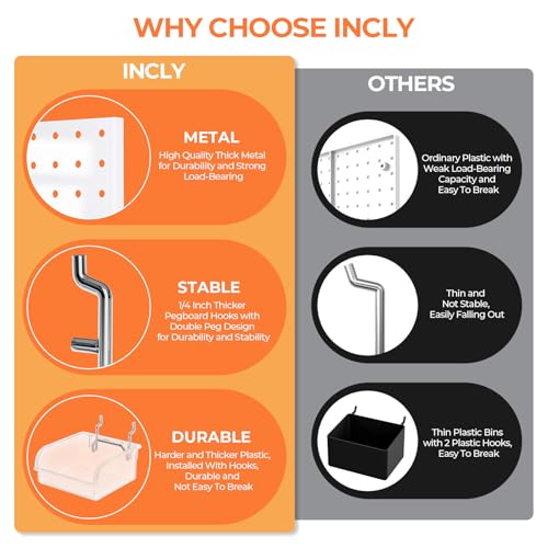 INCLY 70PCS Metal Peg Board Kit with 1/4" Pegboard Accessories, 4 Pack White Pegboard Panels, Bins, Cups and Peg Board Hooks, Paper Towel Holder, Pegboard Wall Organizer for Craft Room, Office, Sewing - Image 4