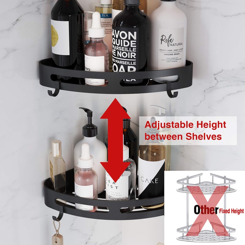 BATH EQUIPMENT FIXSEN Fixsen 2-Pack Black Bathroom Corner Shower Caddy No Drilling Adhesive/Wall Mount Space Aluminum Storage Organizer Bathroom Shelf with Detachable Hooks Rustproof Heavy Duty Storage - Image 3