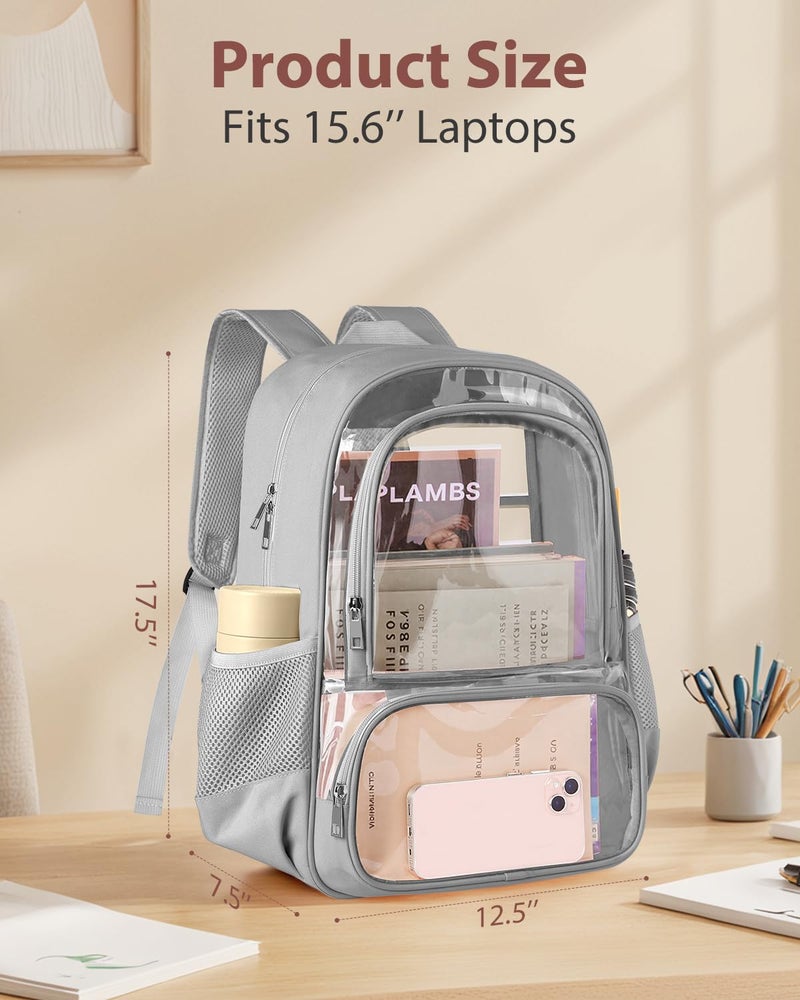 KIMNERPU Clear Backpack, Fabric & PVC Transparent Backpack with Reinforced Strap for Women Men, Heavy Duty Transparent Bookbag, Large Capacity Clear Bag, Travel, Security, Grey - Image 2