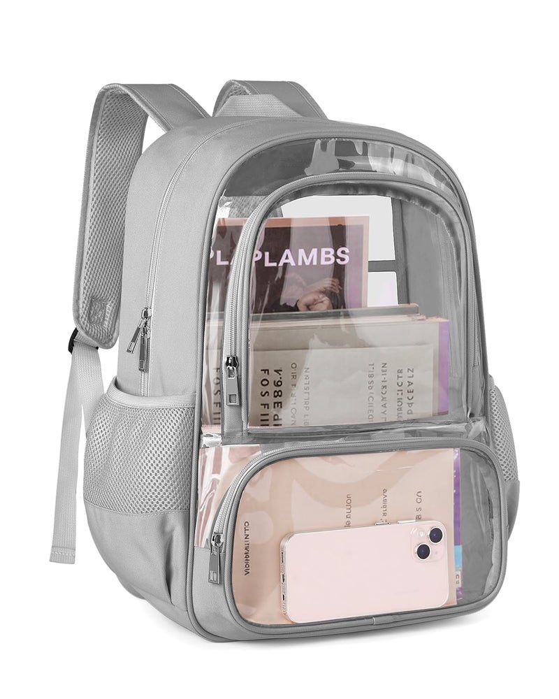 KIMNERPU Clear Backpack, Fabric & PVC Transparent Backpack with Reinforced Strap for Women Men, Heavy Duty Transparent Bookbag, Large Capacity Clear Bag, Travel, Security, Grey - Image 1