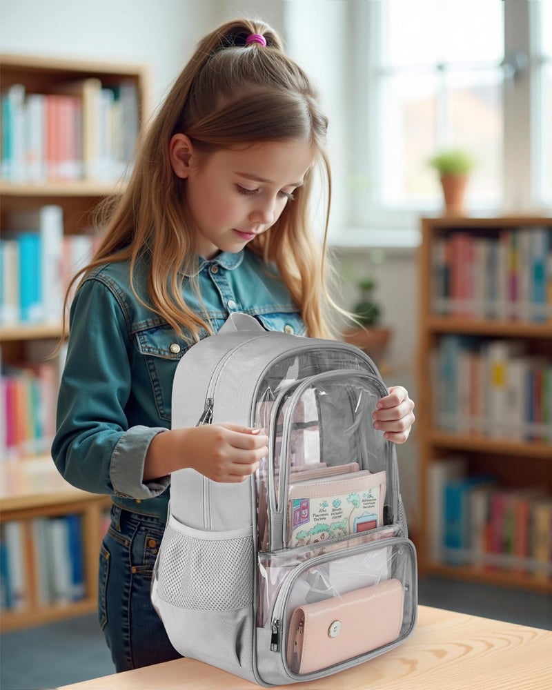 KIMNERPU Clear Backpack, Fabric & PVC Transparent Backpack with Reinforced Strap for Women Men, Heavy Duty Transparent Bookbag, Large Capacity Clear Bag, Travel, Security, Grey - Image 5