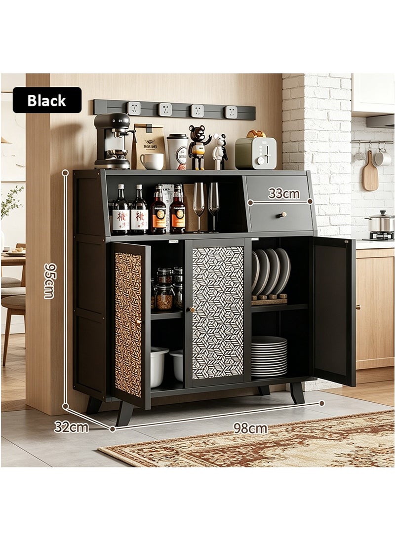 VUCATIN Sideboard Buffet Cabinet, Bamboo Kitchen Storage Cabinet with Drawers, Boho Pantry Cupboard for Kitchen Living Room Entry Coffee Bar (Black) - Image 3