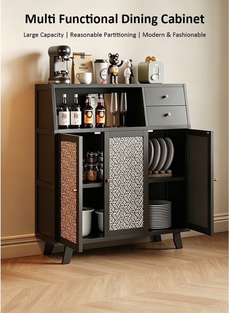 VUCATIN Sideboard Buffet Cabinet, Bamboo Kitchen Storage Cabinet with Drawers, Boho Pantry Cupboard for Kitchen Living Room Entry Coffee Bar (Black) - Image 2