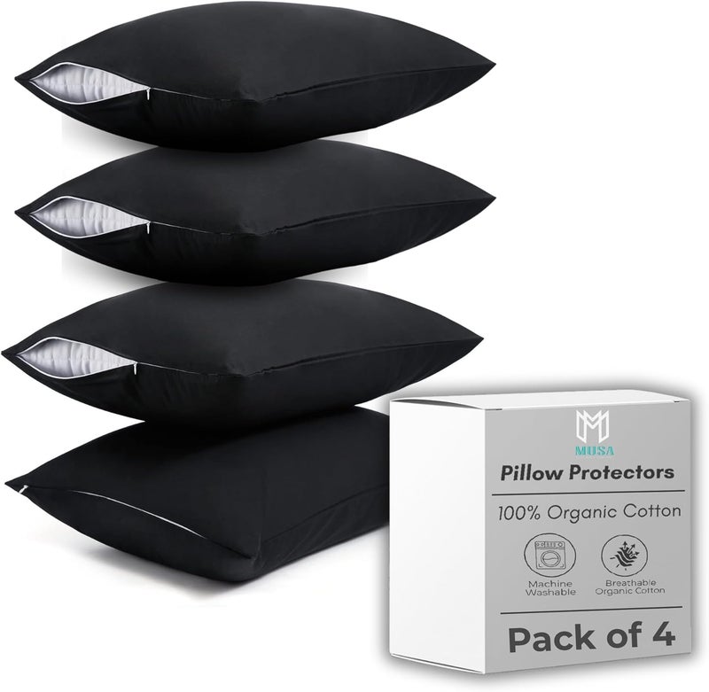 MUSA MUSA® Pillow Covers Pack of 4 for Bedrooms & Guest Rooms | Wrinkle Free Pillow Protectors with 300 Cotton TC & Zipper Closure - Dust Mite & Bed Bug Proof Pillowcases Standard (Black, 50 x 70cm) - Image 1