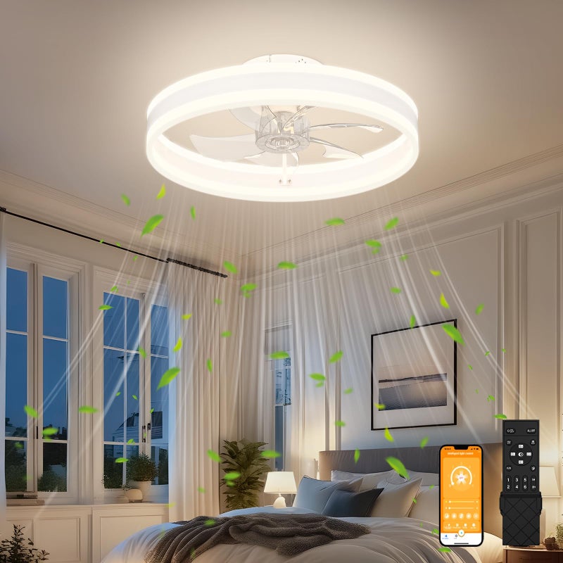 VOLISUN Fandelier Ceiling Fans with Lights and Remote 157in Low Profile Ceiling Fan Flush Mount 3000K6500K Dimmable Bladeless LED Fan Light White Modern Ceiling Fans with Lights for Bedroom