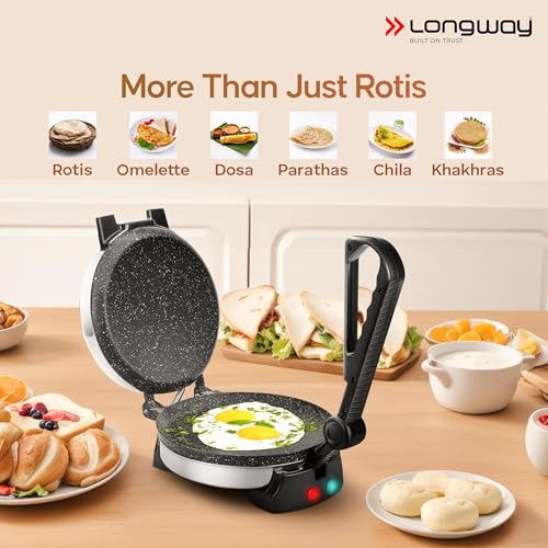 Longway Multi Master 1000W Electric Roti Maker | 8.5-Inch Non-Stick Plates, Durable Grip Handle | Roti, Chapati, Paratha, Dosa, Tortilla, Omelette & Chilla Maker (Silver) - Image 4