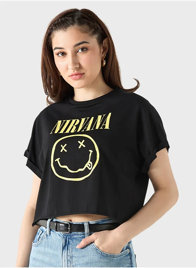 اس بي كاركترز Nirvana Print Cropped Top