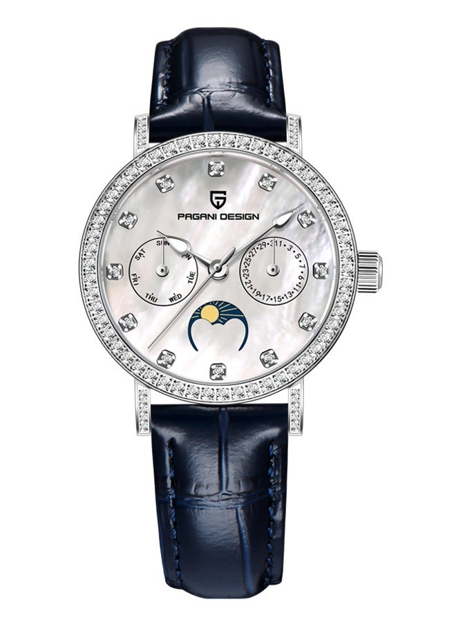 باغاني ديزاين ساعة كوارتز نسائية فاخرة مع الماس في إكس 3 هكتار حركة بو الجلود حزام مقاوم للماء أنيقة سيدة ساعة اليد البيانات ، الفضة الأزرق - Image 1