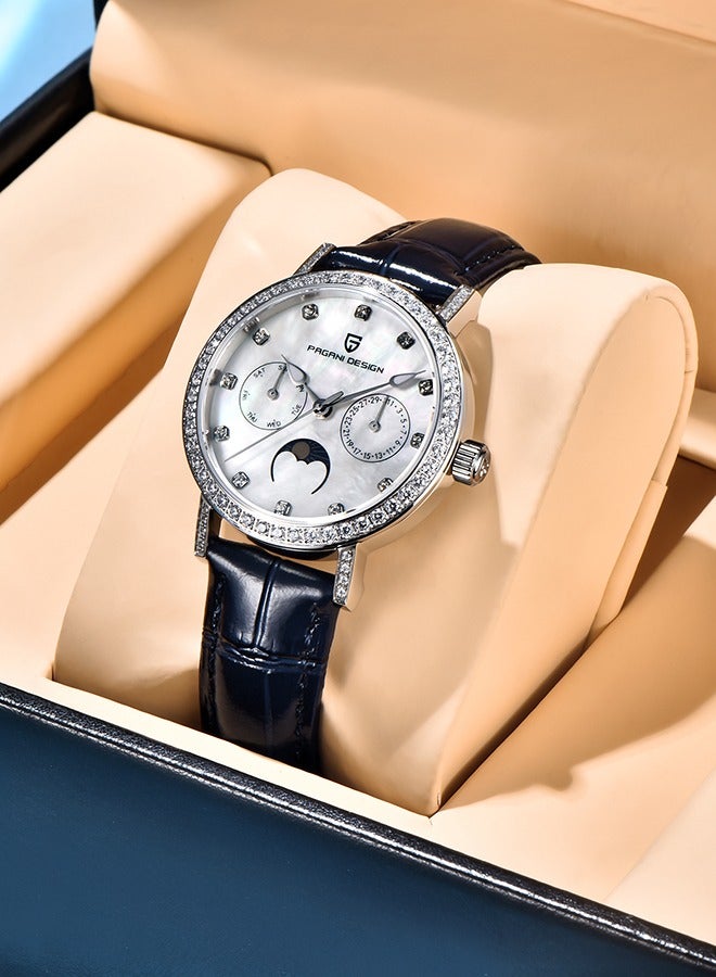 باغاني ديزاين ساعة كوارتز نسائية فاخرة مع الماس في إكس 3 هكتار حركة بو الجلود حزام مقاوم للماء أنيقة سيدة ساعة اليد البيانات ، الفضة الأزرق - Image 2