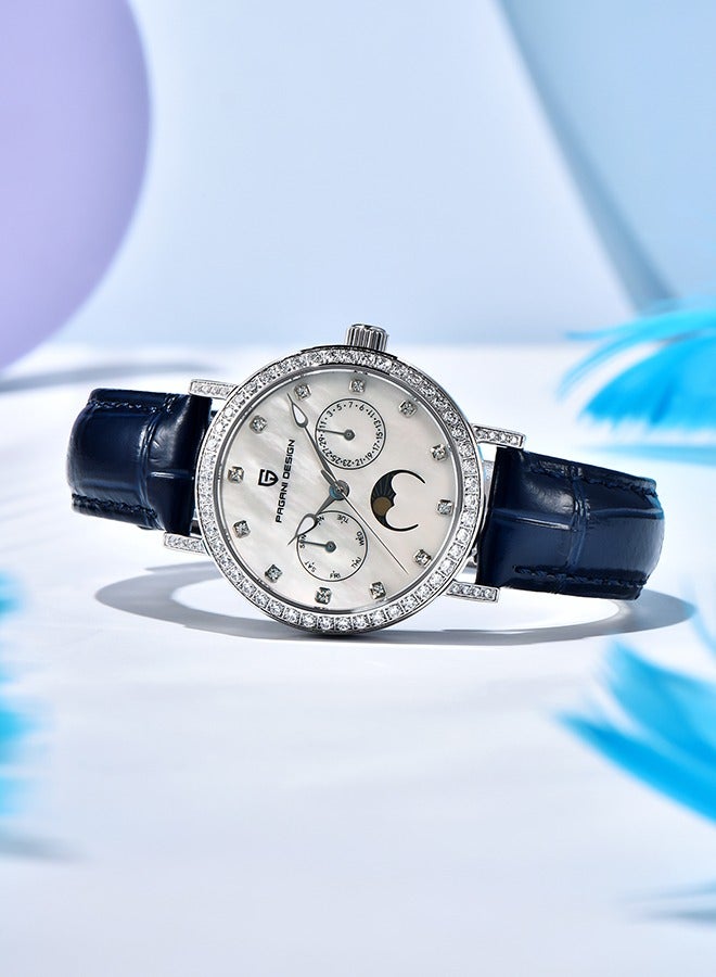 باغاني ديزاين ساعة كوارتز نسائية فاخرة مع الماس في إكس 3 هكتار حركة بو الجلود حزام مقاوم للماء أنيقة سيدة ساعة اليد البيانات ، الفضة الأزرق - Image 4