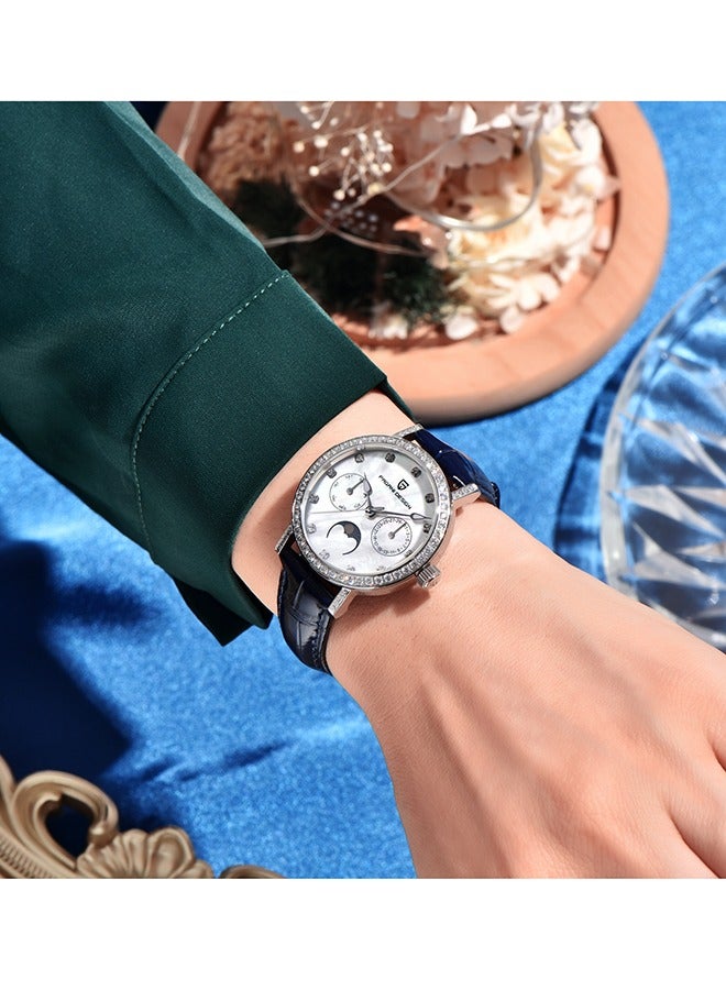 باغاني ديزاين ساعة كوارتز نسائية فاخرة مع الماس في إكس 3 هكتار حركة بو الجلود حزام مقاوم للماء أنيقة سيدة ساعة اليد البيانات ، الفضة الأزرق - Image 3