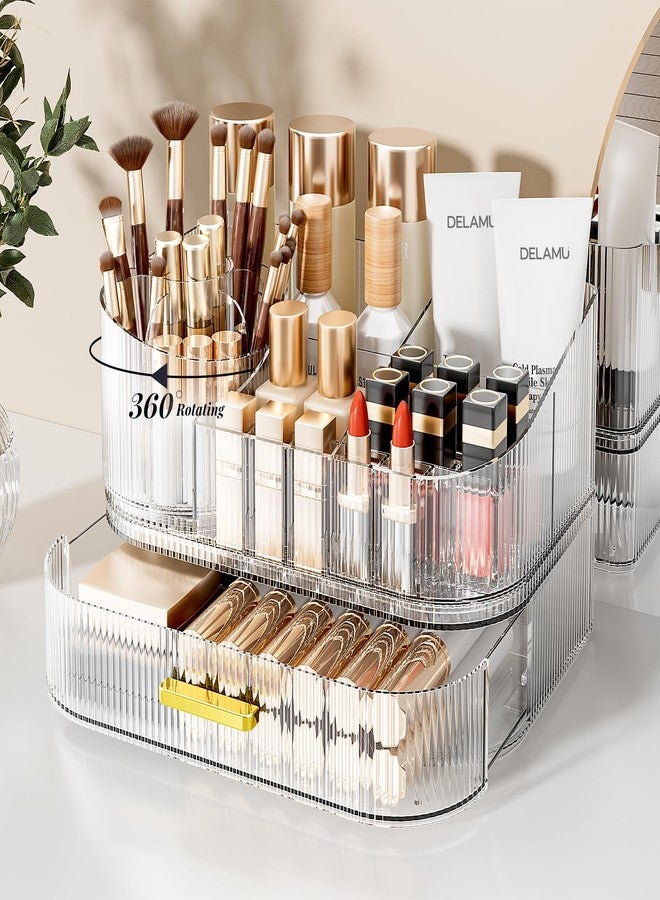 Delamu Makeup Organizer for Vanity with Stackable Drawers, 360 Rotating Makeup Brush Holder Large Cosmetic Display Case for Dresser, Bathroom Countertop Skincare Organizers and Storage, Crystal Clear - Image 1