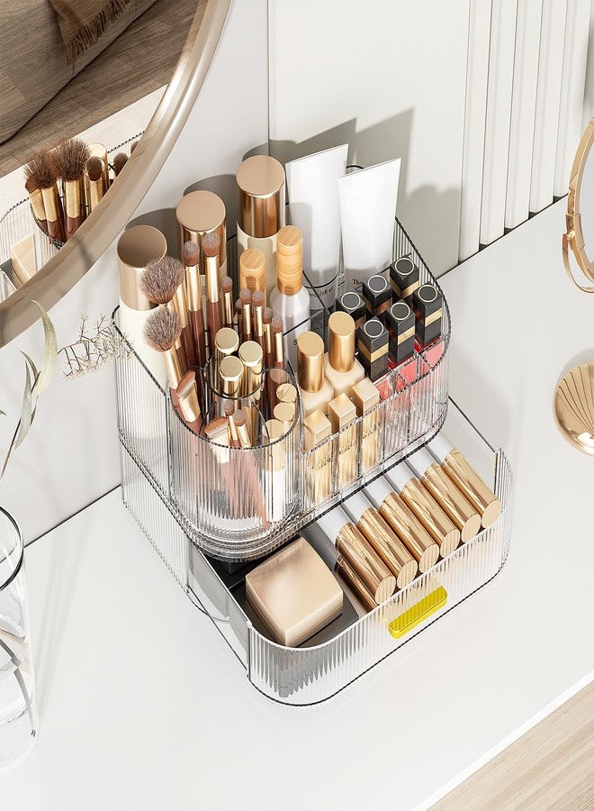 Delamu Makeup Organizer for Vanity with Stackable Drawers, 360 Rotating Makeup Brush Holder Large Cosmetic Display Case for Dresser, Bathroom Countertop Skincare Organizers and Storage, Crystal Clear - Image 2