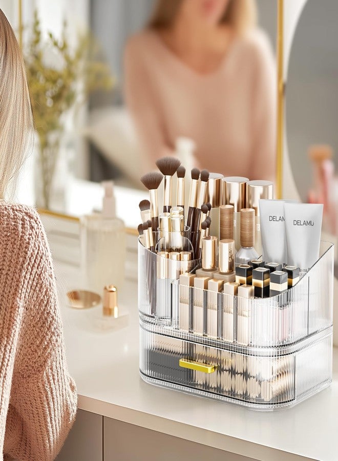 Delamu Makeup Organizer for Vanity with Stackable Drawers, 360 Rotating Makeup Brush Holder Large Cosmetic Display Case for Dresser, Bathroom Countertop Skincare Organizers and Storage, Crystal Clear - Image 3