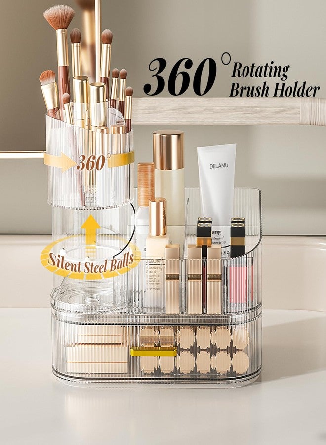 Delamu Makeup Organizer for Vanity with Stackable Drawers, 360 Rotating Makeup Brush Holder Large Cosmetic Display Case for Dresser, Bathroom Countertop Skincare Organizers and Storage, Crystal Clear - Image 4