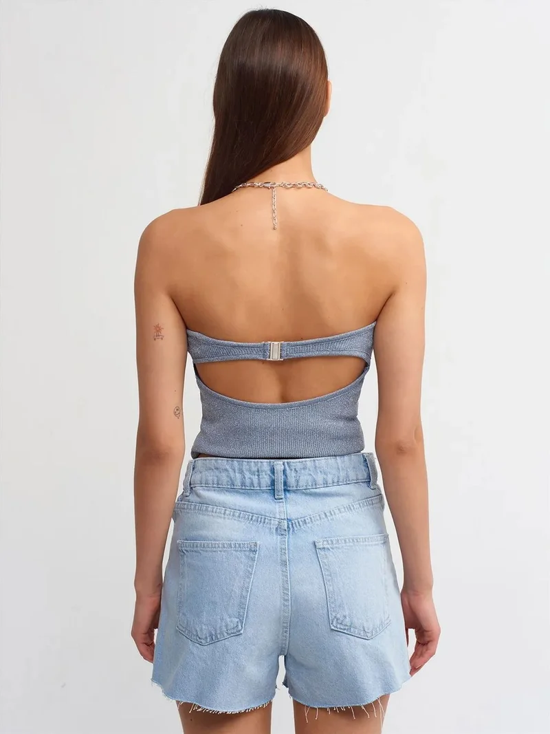 ديلفين Dilvin High-Waist Cotton Denim Mom Shorts With Cut-Out Detail