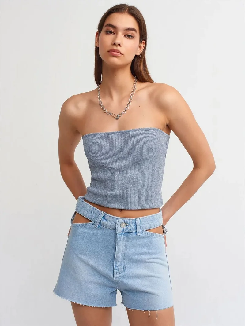 ديلفين Dilvin High-Waist Cotton Denim Mom Shorts With Cut-Out Detail