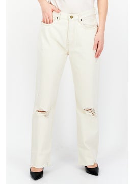Women Straight Ripped Non-Stretchable Jeans, Cream