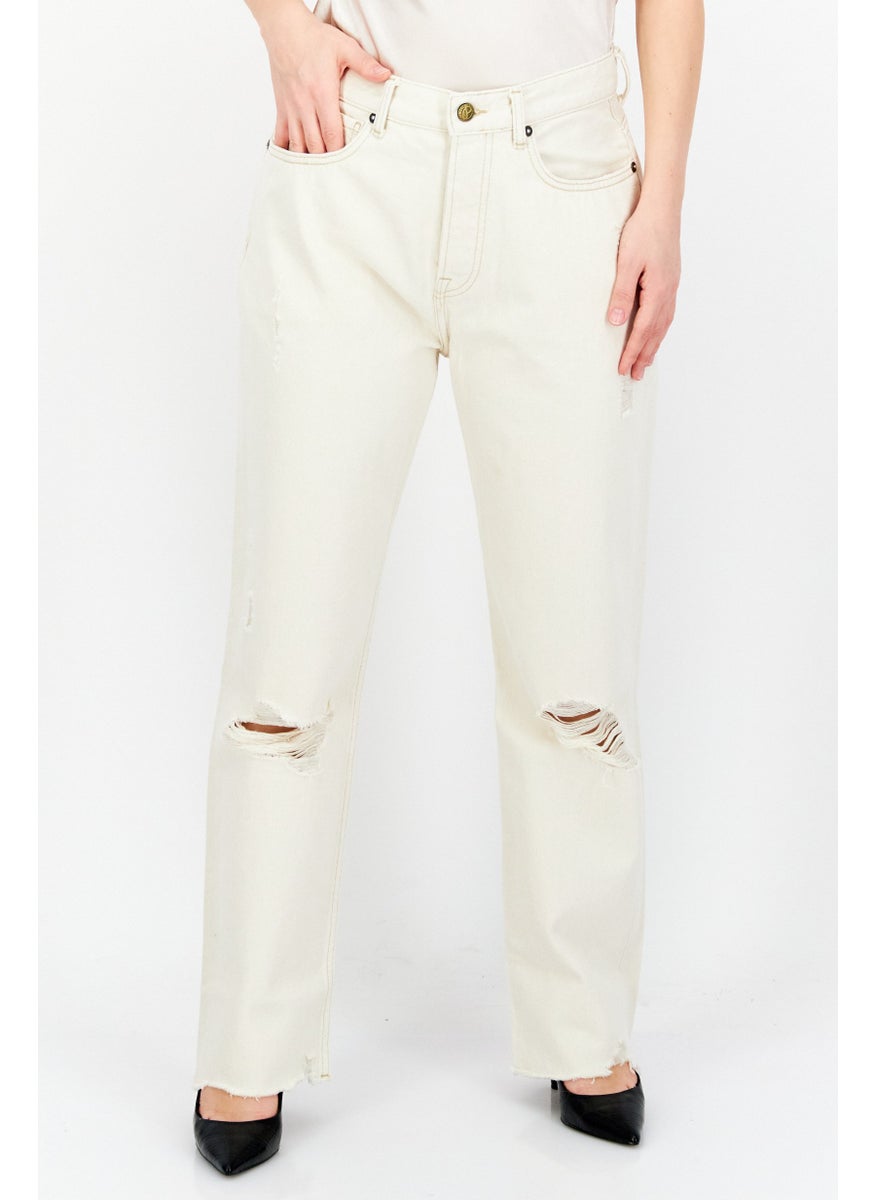 Pepe Jeans Women Straight Ripped Non-Stretchable Jeans, Cream  - Image 1