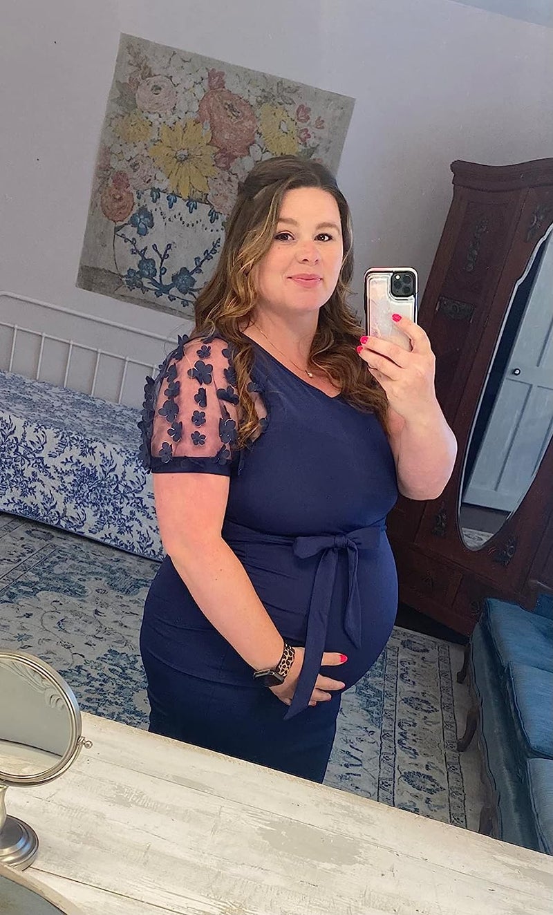 LAHILO Floral Mesh Bishop Short Sleeve Maternity Midi Dress, Summer Maternity Bodycon Dress for Baby Shower - Image 2