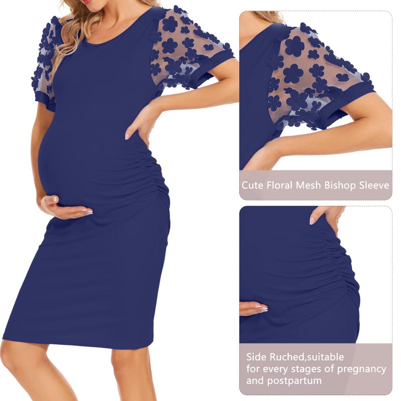 LAHILO Floral Mesh Bishop Short Sleeve Maternity Midi Dress, Summer Maternity Bodycon Dress for Baby Shower - Image 5