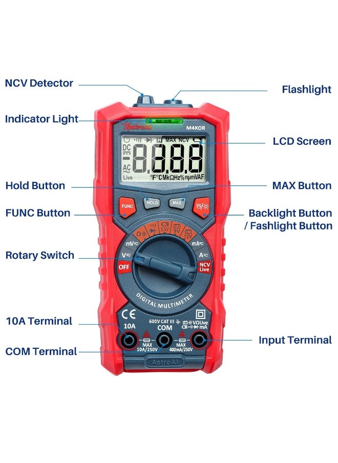 AstroAI Digital Multimeter 4000 Counts TRMS Auto-Ranging Volt Meter 1.5v/9v/12v Battery Voltage Tester Measure Voltage Current Resistance Diodes Continuity Voltmeter with Non-Contact Voltage Function  - Image 5