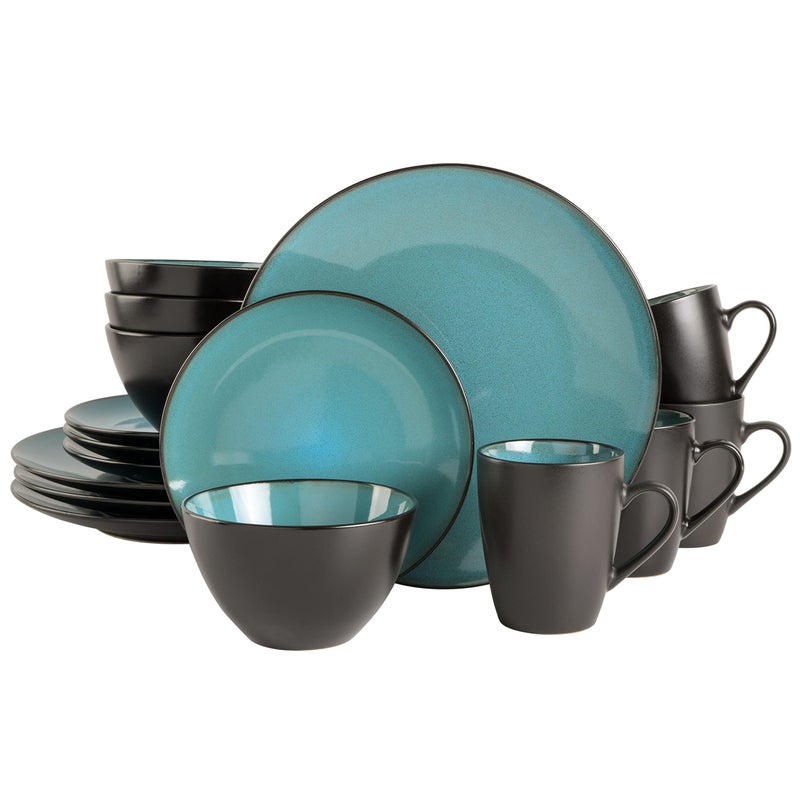 Gibson Elite Soho Lounge 16-Piece Round Reactive Glaze Stoneware Dinnerware Set, Service for 4 â€“ Teal Plates and Bowls - Image 1