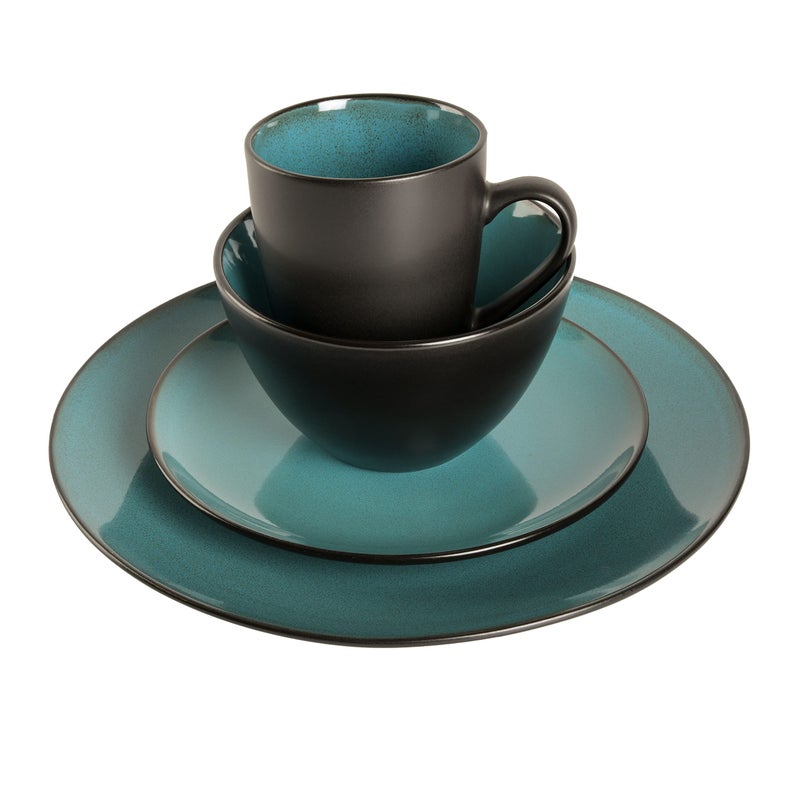 Gibson Elite Soho Lounge 16-Piece Round Reactive Glaze Stoneware Dinnerware Set, Service for 4 â€“ Teal Plates and Bowls - Image 3