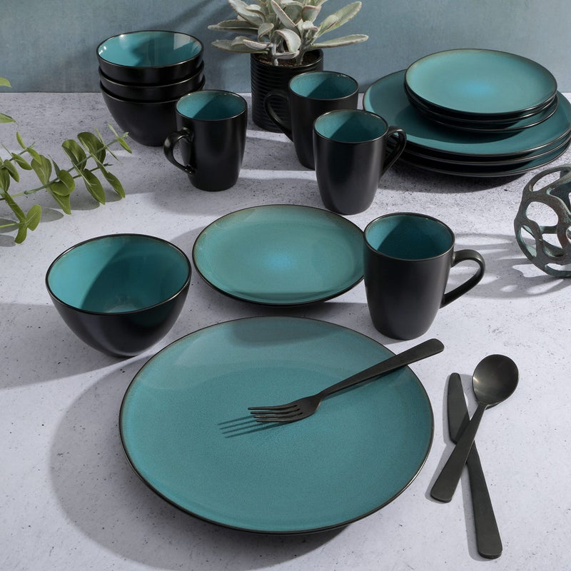 Gibson Elite Soho Lounge 16-Piece Round Reactive Glaze Stoneware Dinnerware Set, Service for 4 â€“ Teal Plates and Bowls - Image 5