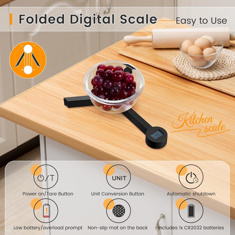 BEEWIN Folding Digital Kitchen Scale, Highly Accurate Compact Portable Food Scale with LCD Display, Auto Power Off and Tare Features, for Measuring Intake of Healthy Eating People (Black) - Image 3