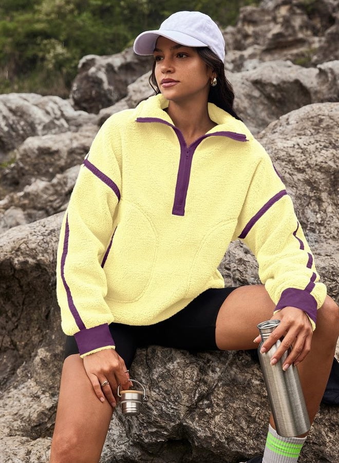 Yanekop Womens Quarter Zip Pullover Sherpa Fleece Jacket Oversized Zip Up Sweatshirt Half Zip Pullover Fuzzy Outerwear, Yellow Purple Combo, S - Image 5