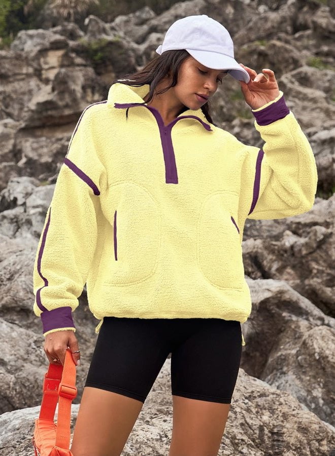 Yanekop Womens Quarter Zip Pullover Sherpa Fleece Jacket Oversized Zip Up Sweatshirt Half Zip Pullover Fuzzy Outerwear, Yellow Purple Combo, S - Image 3