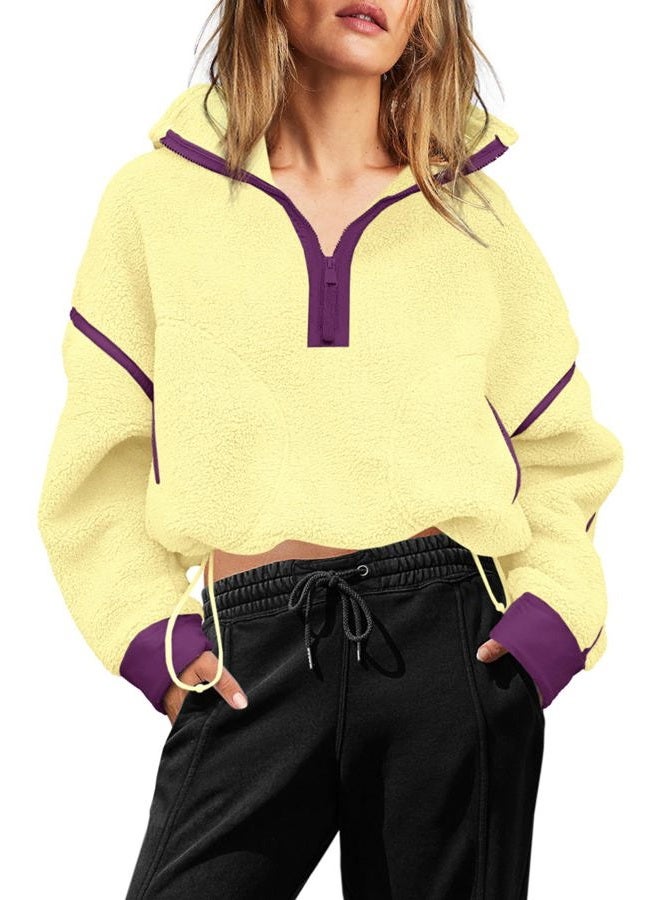 Yanekop Womens Quarter Zip Pullover Sherpa Fleece Jacket Oversized Zip Up Sweatshirt Half Zip Pullover Fuzzy Outerwear, Yellow Purple Combo, S - Image 2